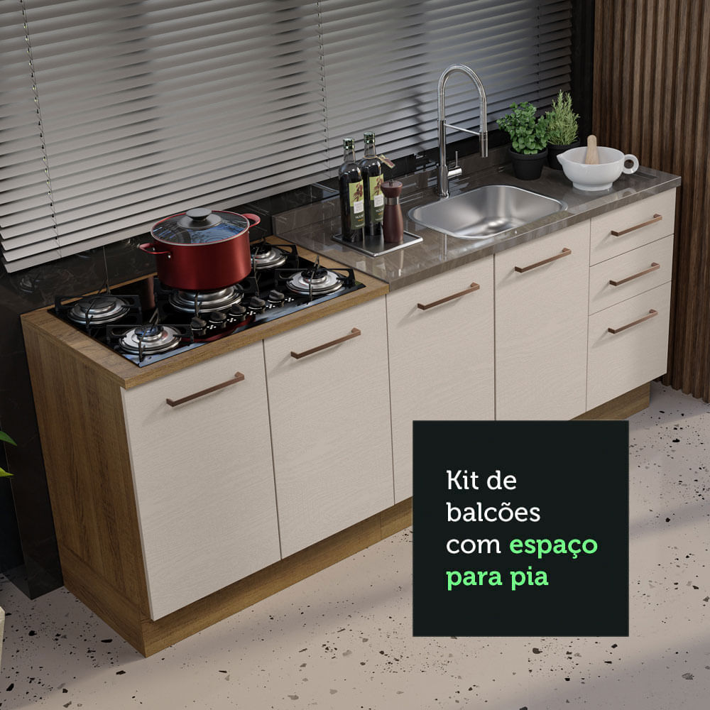 Encontraproduto.com.br - 2 Balcões De Cozinha 3 Gavetas 4 Portas (sem Tampo E Pia) Rustic/crema Agata Madesa Rustic/crema