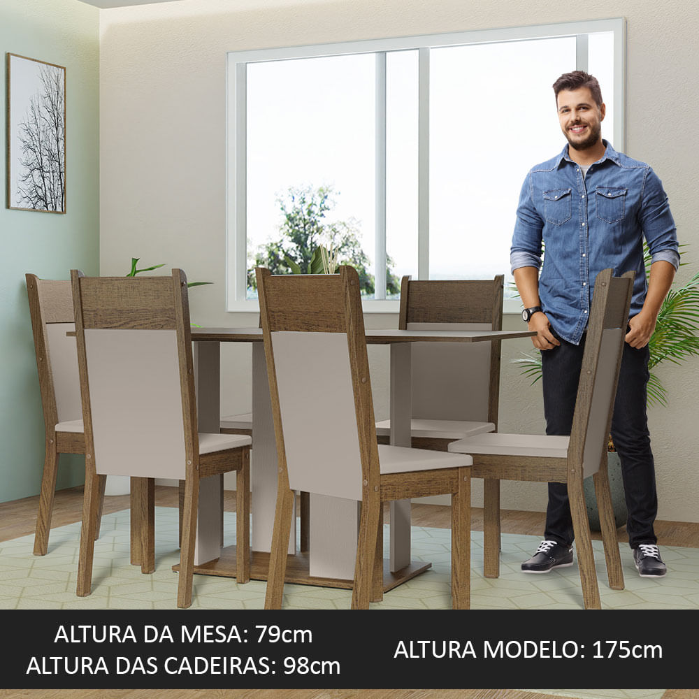Encontraproduto.com.br - Conjunto Sala de Jantar Mesa Tampo de Madeira 6 Cadeiras Crema/Rustic/Bege Beatriz Madesa