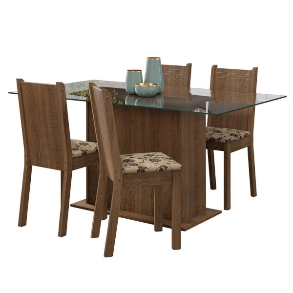 Encontraproduto.com.br - Conjunto Sala de Jantar Mesa Tampo de Vidro 4 Cadeiras Rustic/Bege Marrom Espanha Madesa