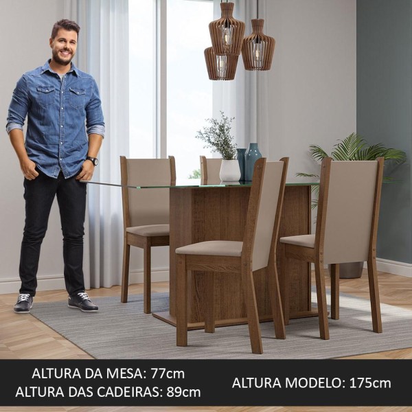 Encontraproduto.com.br - Conjunto Sala de Jantar Mesa Tampo de Vidro 4 Cadeiras Rustic/Crema/Sintético Bege Yara Madesa