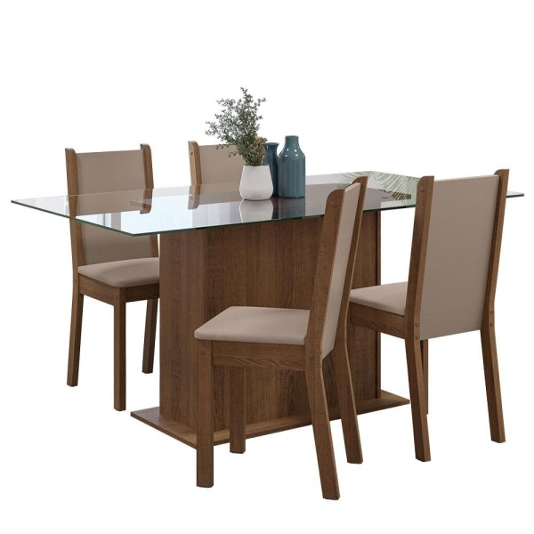 Encontraproduto.com.br - Conjunto Sala de Jantar Mesa Tampo de Vidro 4 Cadeiras Rustic/Crema/Sintético Bege Yara Madesa