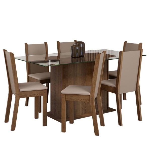Encontraproduto.com.br - Conjunto Sala de Jantar Mesa Tampo de Vidro 6 Cadeiras Rustic/Crema/Sintético Bege Yolanda Madesa