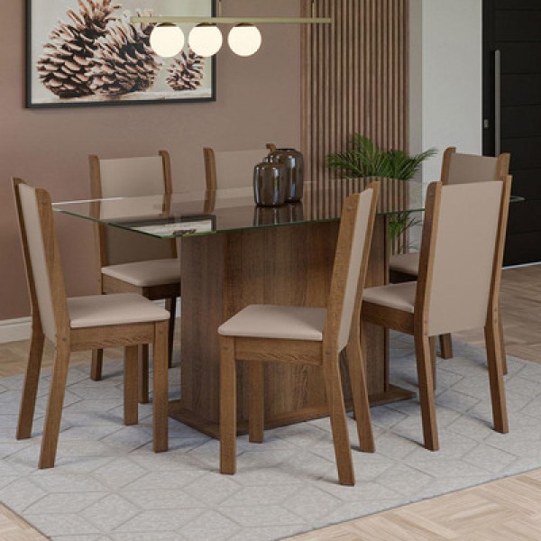 Encontraproduto.com.br - Conjunto Sala de Jantar Mesa Tampo de Vidro 6 Cadeiras Rustic/Crema/Sintético Bege Yolanda Madesa