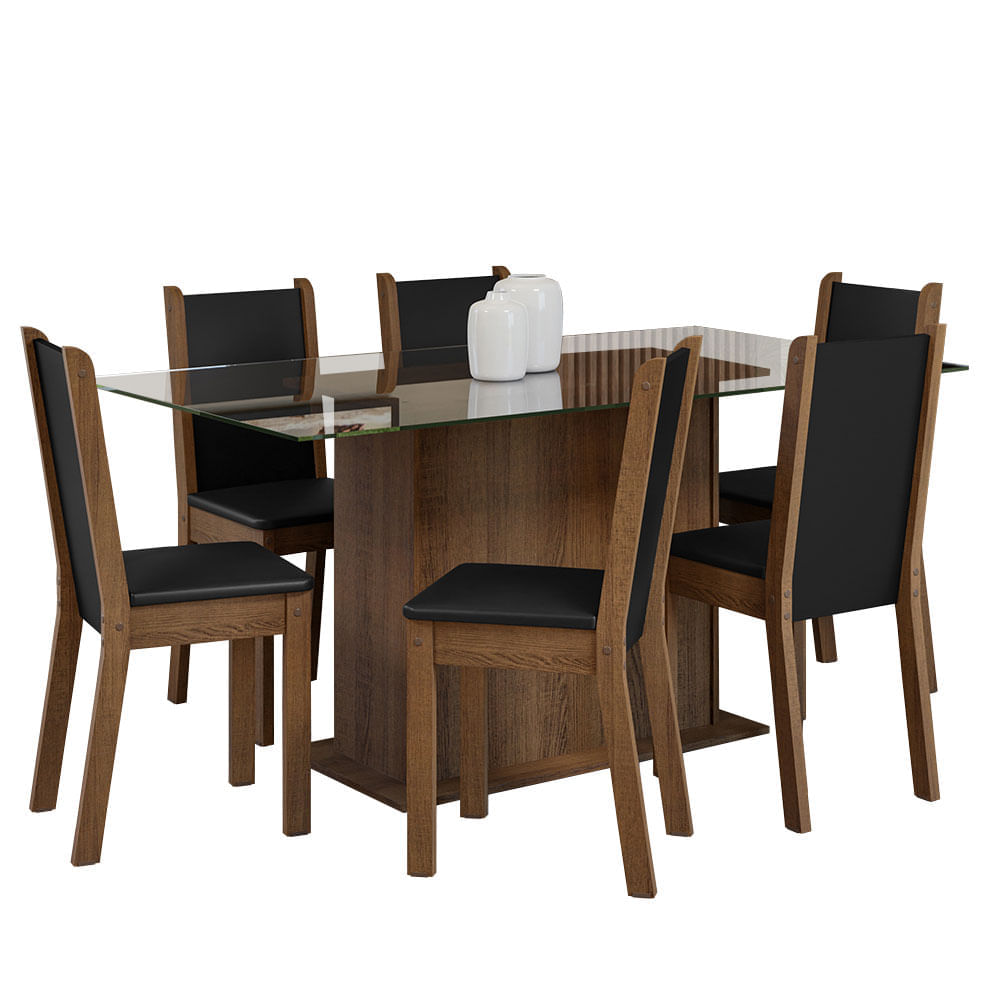 Encontraproduto.com.br - Conjunto Sala de Jantar Mesa Tampo de Vidro 6 Cadeiras Rustic/Preto Yolanda Madesa