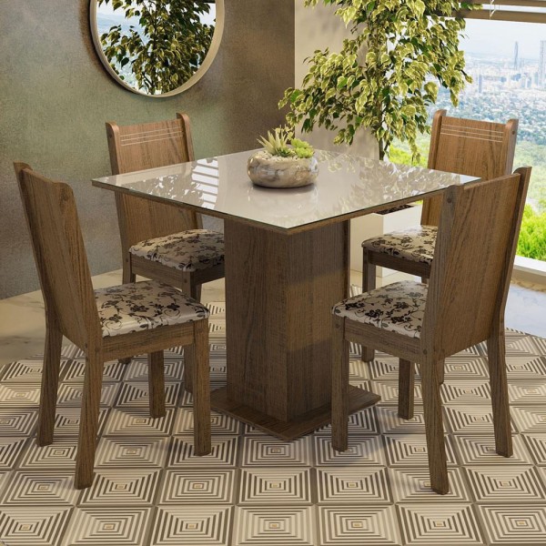 Encontraproduto.com.br - Conjunto Sala de Jantar Mesa Tampo de Vidro 4 Cadeiras Rustic/Crema/Bege Marrom Perla Madesa