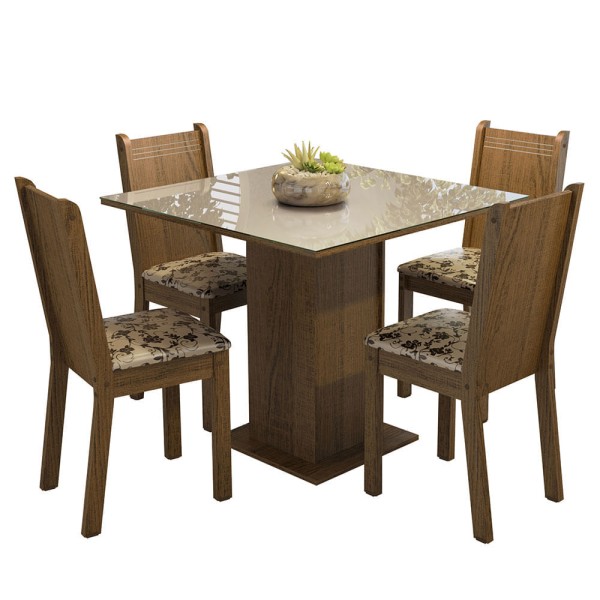 Encontraproduto.com.br - Conjunto Sala de Jantar Mesa Tampo de Vidro 4 Cadeiras Rustic/Crema/Bege Marrom Perla Madesa