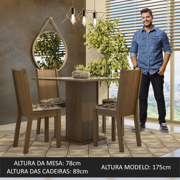 Encontraproduto.com.br - Conjunto Sala de Jantar Mesa Tampo de Vidro 4 Cadeiras Rustic/Crema/Bege Marrom Perla Madesa