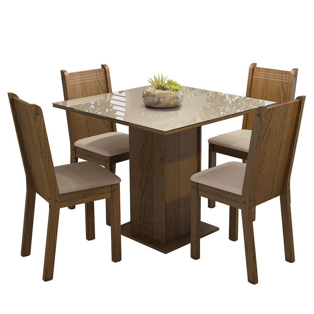 Encontraproduto.com.br - Conjunto Sala de Jantar Mesa Tampo de Vidro 4 Cadeiras Rustic/Crema/Sintético Bege Perla Madesa