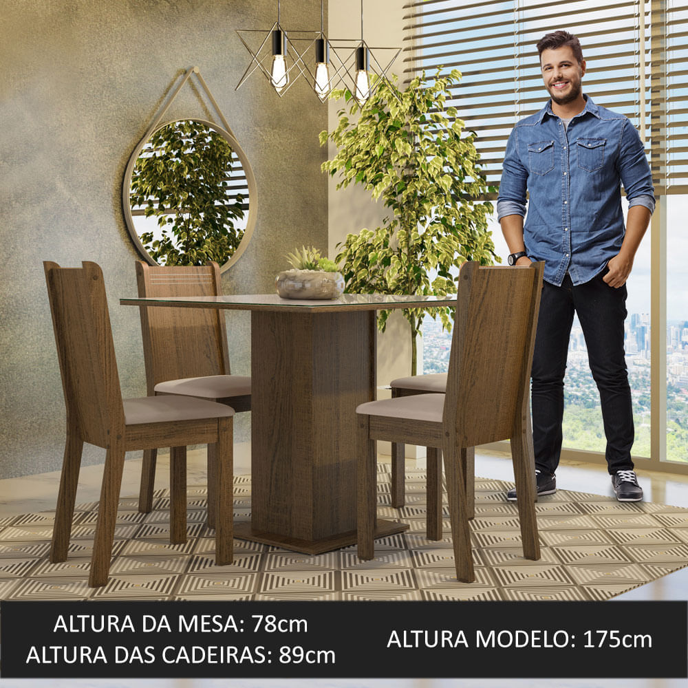 Encontraproduto.com.br - Conjunto Sala de Jantar Mesa Tampo de Vidro 4 Cadeiras Rustic/Crema/Sintético Bege Perla Madesa