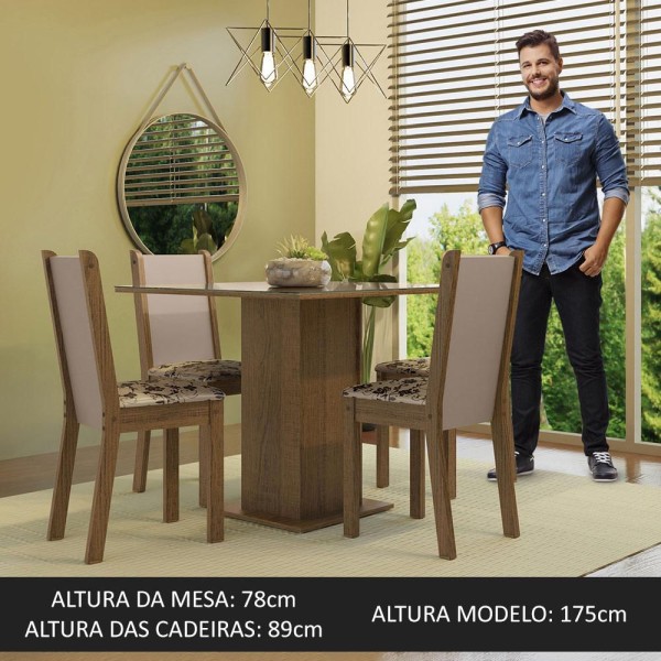 Encontraproduto.com.br - Conjunto Sala de Jantar Mesa Tampo de Vidro 4 Cadeiras Rustic/Crema/Bege Marrom Tifani Madesa