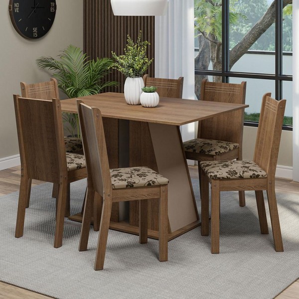 Encontraproduto.com.br - Conjunto Sala de Jantar Mesa Tampo de Madeira 6 Cadeiras Rustic/Crema/Bege Marrom Sharon Madesa