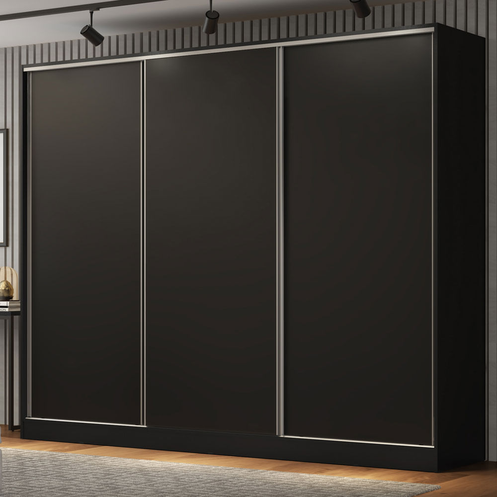 Guarda-Roupa Casal 100% MDF 3 Portas de Correr Preto Royale Madesa XP