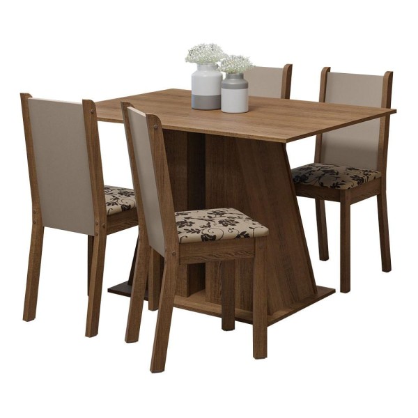 Encontraproduto.com.br - Conjunto Sala de Jantar Mesa Tampo de Madeira 4 Cadeiras Rustic/Bege Marrom Sophie Madesa