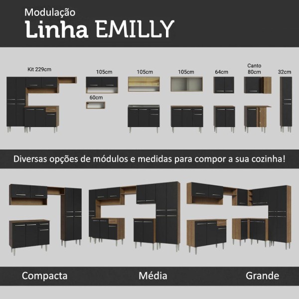 Encontraproduto.com.br - Armário Aéreo Cozinha 105cm 2 Portas 1 Nicho Rustic/preto Emilly Madesa Rustic/preto