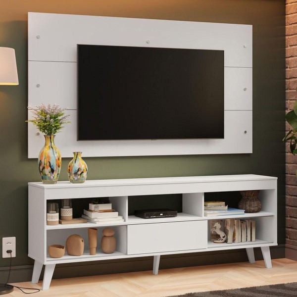 Encontraproduto.com.br - Rack com Painel para TV até 65 Polegadas com Pés Branco Texas Madesa