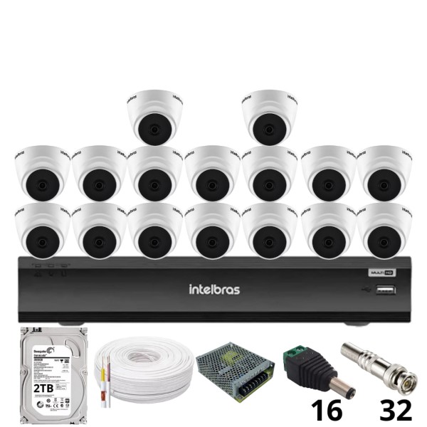 Encontraproduto.com.br - Kit 16 Câmeras Intelbras 1220 D Mic 1080p Com Microfone Dvr Intelbras Imhdx 3132 Inteligência Artificial Hd 2tb