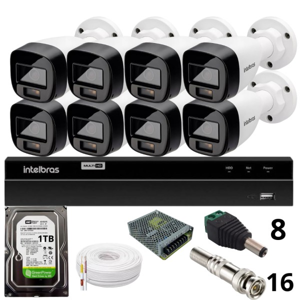 Encontraproduto.com.br - Kit 8 Câmeras Intelbras  Bullet 1220b Full Color Dvr Intelbras 1216-c Mhdx Com Acesso Remoto Hd 1tb
