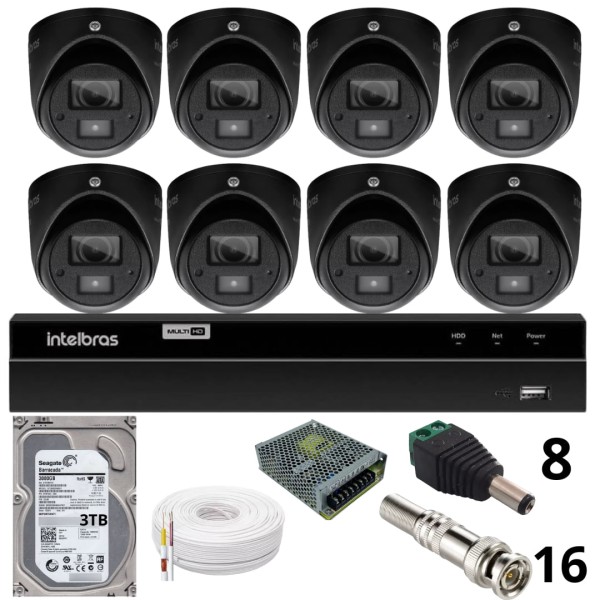Encontraproduto.com.br - Kit 8 Câmeras Bullet 3220d Mini Black Com Áudio Dvr Intelbras 1216-c Mhdx Com Acesso Remoto Hd 3tb
