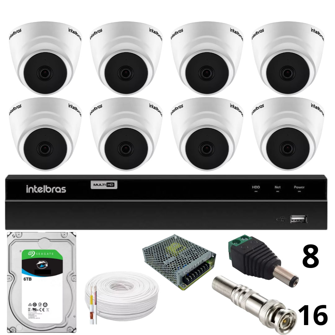 Kit 8 Câmeras 1220 D Mic 1080p Com Microfone Dvr Intelbras 1216-c Mhdx Com Acesso Remoto Hd 6tb