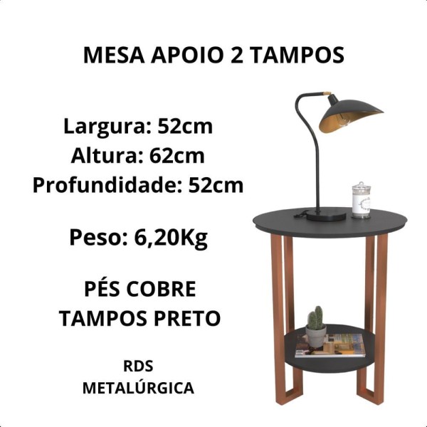 Encontraproduto.com.br - Mesa De Canto Apoio 2 Tampos Pés Cobre - Várias Cores Cor:preto