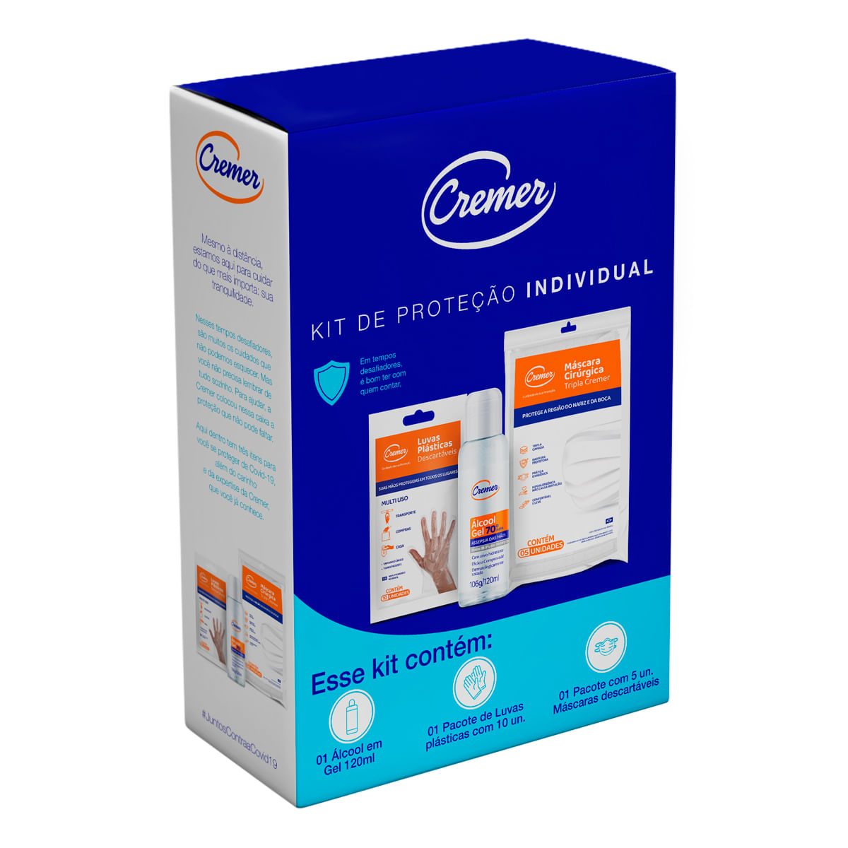 Kit Proteção Individual Cremer Com 1 Alcool Em Gem 120ml 1 Pacote Com 10 Luvas Plasticas  E 1 Pacote Com 5 Unidades De Mascaras Descartáveis