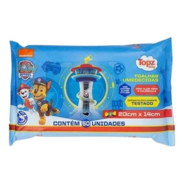 Encontraproduto.com.br - Toalha Umedecida Topz Patrulha Canina Chase com 50unidades