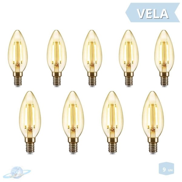 Encontraproduto.com.br - Kit 9 Lâmpadas Filamento Led Vela Sem Bico Soquete E14