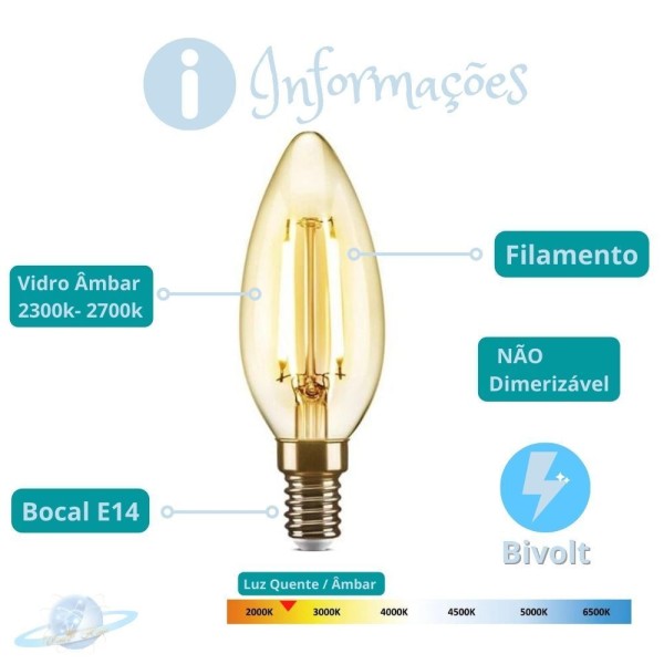 Encontraproduto.com.br - Kit 9 Lâmpadas Filamento Led Vela Sem Bico Soquete E14