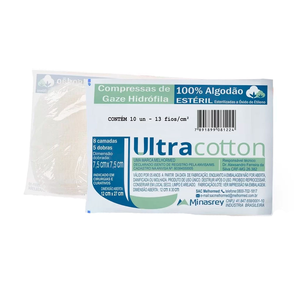Encontraproduto.com.br - Compressa de gaze ultracotton 7,5 x 7,5cm 13 fios c/10 un estéril  Melhormed  L 9980 V 27/06/28