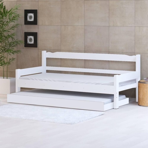 Sofá Cama Solteiro De Madeira Maciça Com Cama Auxiliar E Colchão Nemargi Branco