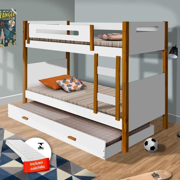 Encontraproduto.com.br - Cama Infantil Beliche Solteiro Em Mdf Com Auxiliar E 3 Colchões Heloisa Branco Mel Divaloto