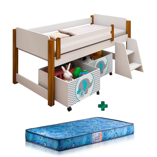 Encontraproduto.com.br - Cama Infantil Solteiro Com Baús Elefante Verde água Filhote Branco Amendoa Naty Com Colchão Gazin
