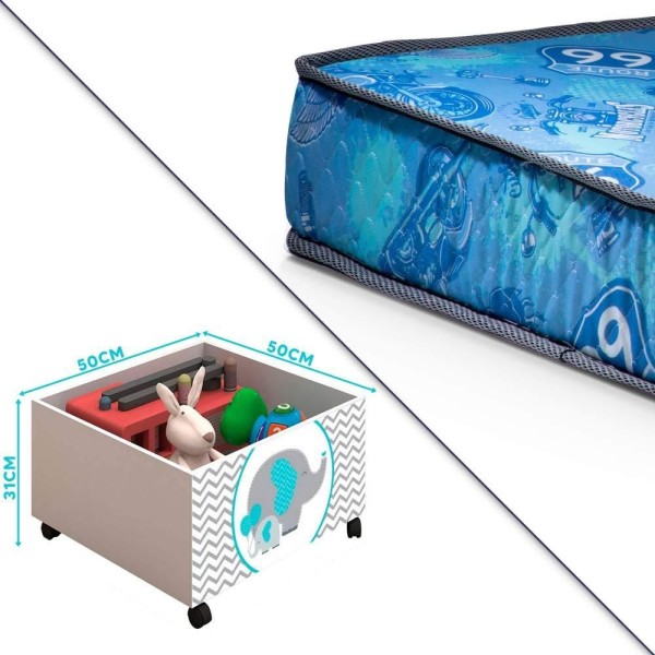 Encontraproduto.com.br - Cama Infantil Solteiro Com Baús Elefante Verde água Filhote Branco Amendoa Naty Com Colchão Gazin