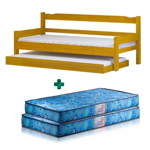 Encontraproduto.com.br - Sofá Cama Com Cama Auxiliar Solteiro Madeira Maciça Esmeralda Nemargi Cerejeira Com 2 Colchões Gazin