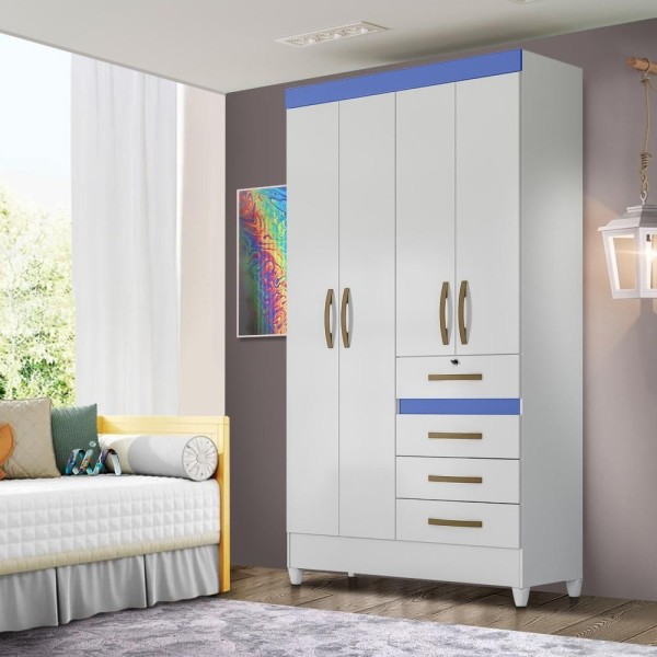 Encontraproduto.com.br - Roupeiro Solteiro 4 Portas 4 Gavetas Branco Azul Flex Silver Jm Móveis