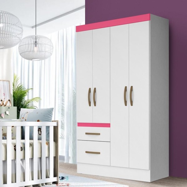 Roupeiro De Bebê 4 Portas 2 Gavetas Branco Rosa Flex Martin Jm Móveis