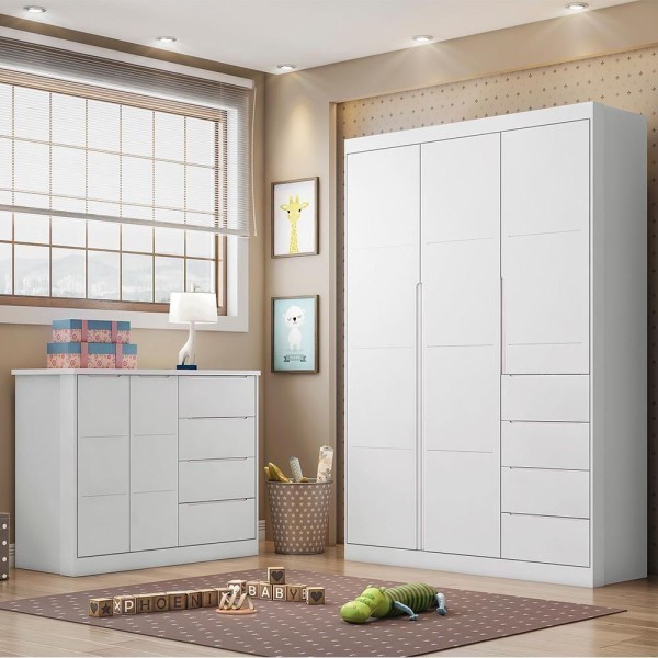 Encontraproduto.com.br - Guarda Roupa Com Cômoda Para Bebê Branco Eloa Phoenix Baby
