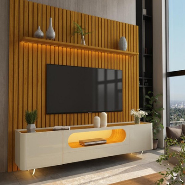 Painel Ripado Para Tv Até 75 Polegadas Com Led Naturale Nobre Gelius