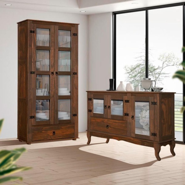 Encontraproduto.com.br - Kit Aparador Com Cristaleira Madeira Maciça Imbuia Kalyn Shop Jm