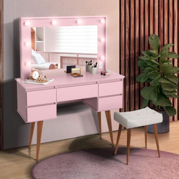 Encontraproduto.com.br - Penteadeira De Maquiagem Com Banqueta Almofadada E Espelho Rosa Everett Shop Jm