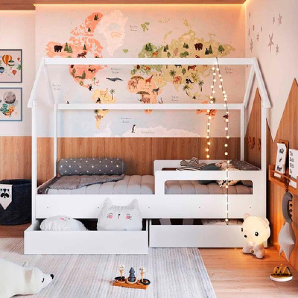 Encontraproduto.com.br - Cama Casinha Montessoriana 2 Gavetas Solteiro Branco Rosa