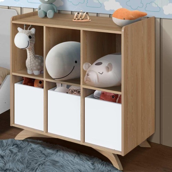 Encontraproduto.com.br - Estante Organizadora Infantil Com 6 Nichos Aveiro Oak Com 3 Cubos Brancos Palon Shop Jm