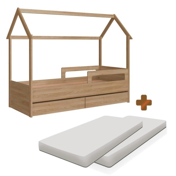 Encontraproduto.com.br - Cama Infantil Casinha Com Colchão Solteiro 2 Gavetas Aveiro Oak Sonho Completa Móveis
