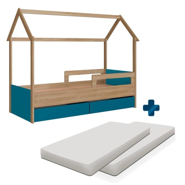 Encontraproduto.com.br - Cama Infantil Casinha Com Colchão Solteiro 2 Gavetas Aveiro Oak Azul Secreto Sonho Completa Móveis