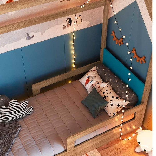 Encontraproduto.com.br - Cama Infantil Casinha Com Colchão Solteiro 2 Gavetas Aveiro Oak Azul Secreto Sonho Completa Móveis