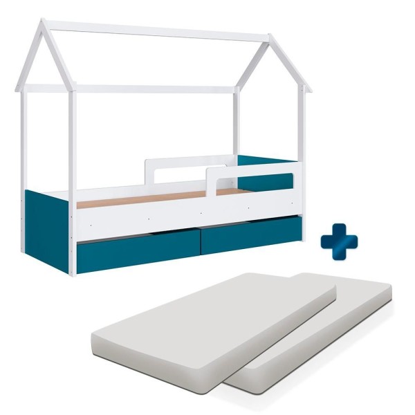 Encontraproduto.com.br - Cama Infantil Casinha Com Colchão Solteiro 2 Gavetas Branco Azul Secreto Sonho Completa Móveis