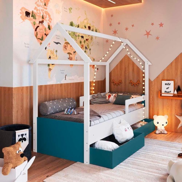 Encontraproduto.com.br - Cama Infantil Casinha Com Colchão Solteiro 2 Gavetas Branco Azul Secreto Sonho Completa Móveis