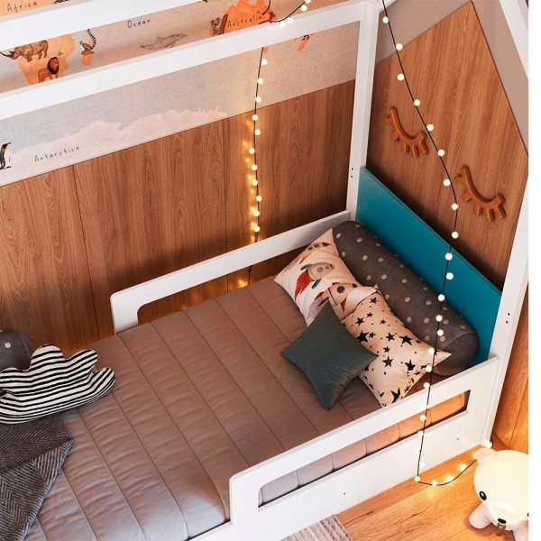 Encontraproduto.com.br - Cama Infantil Casinha Com Colchão Solteiro 2 Gavetas Branco Azul Secreto Sonho Completa Móveis