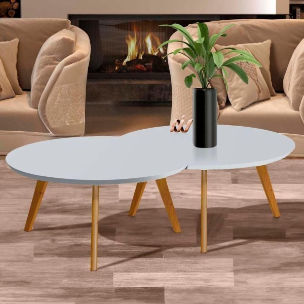 Encontraproduto.com.br - Conjunto De 2 Mesas De Centro Com Pés Em Madeira Maciça Branco Acetinado Maegelle Jm Móveis