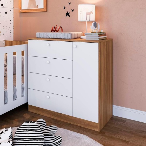 Encontraproduto.com.br - Cômoda Infantil 4 Gavetas 1 Porta Branco Lily Completa Móveis